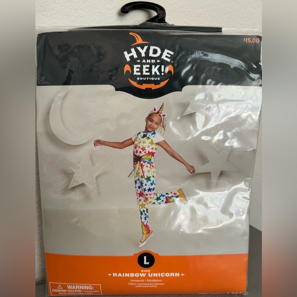 New! Hyde and Eek Rainbow Unicorn jumpsuit and headpiece costume, kids large - Picture 1 of 3